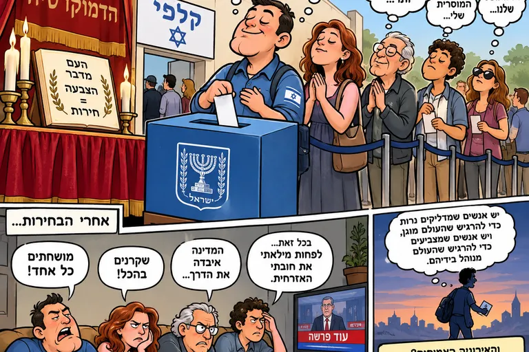 מכונת הצבעה ענקית המוצגת כאליל בעיר, עם אנשים מניחים פתקים לידה.