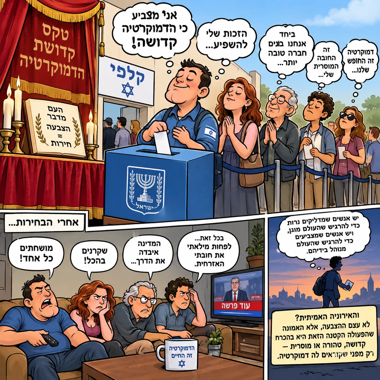 מכונת הצבעה ענקית המוצגת כאליל בעיר, עם אנשים מניחים פתקים לידה.