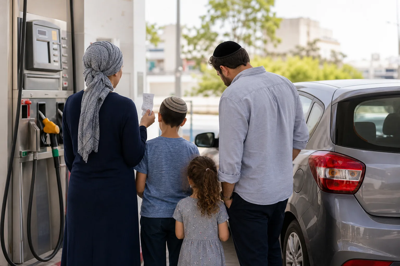 משפחה ליד מכונית בתחנת דלק בוחנת קבלה לאחר תדלוק.