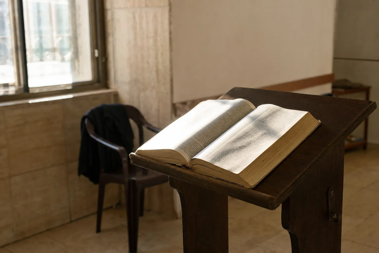 ספר תנ״ך פתוח על סטנדר עץ בחדר לימוד באור בוקר.