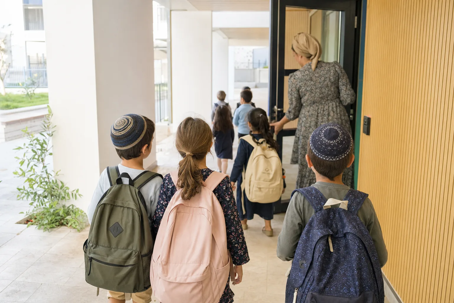 תלמידים נכנסים לבית ספר יסודי בישראל בבוקר, לצד מורה במסדרון.