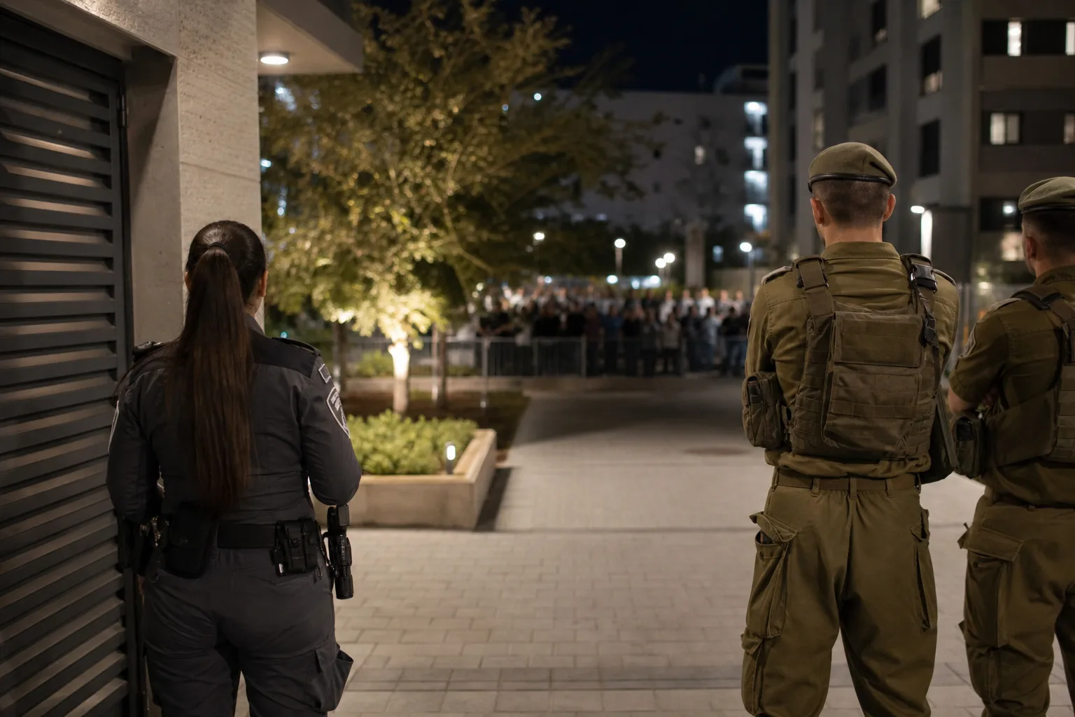 כוחות משטרה ומשטרה צבאית סמוך לכניסה לבניין מגורים, מול התקהלות מרוחקת.