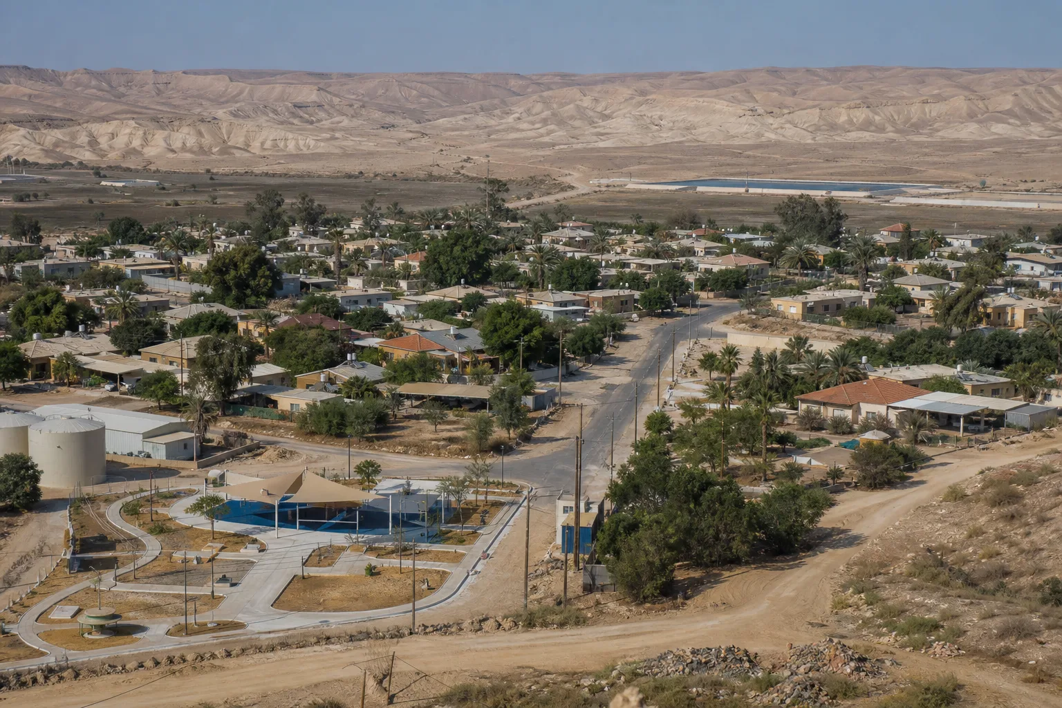 מבט סמלי על בתי מגורים, דרכים ותשתיות בנוף כפרי בגליל ובנגב.