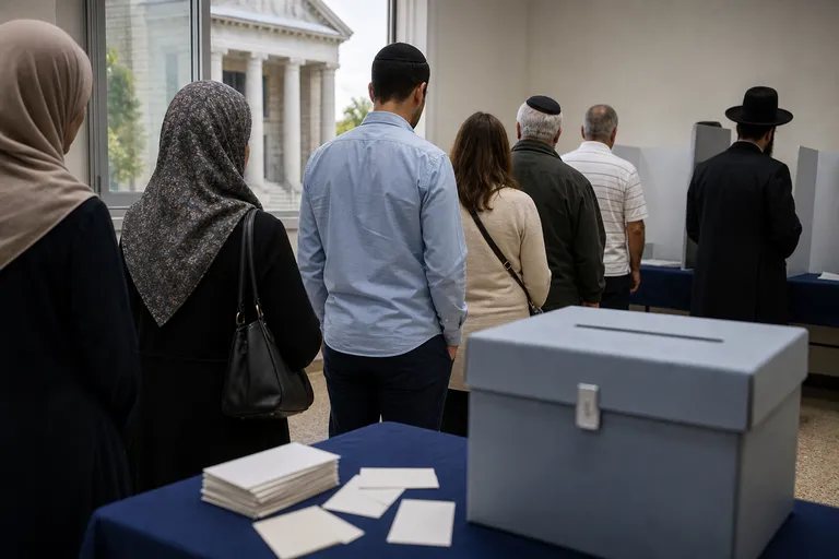 קלפי סמלי לצד חזית בית משפט, הממחיש את המפגש בין בחירות להכרעה משפטית.