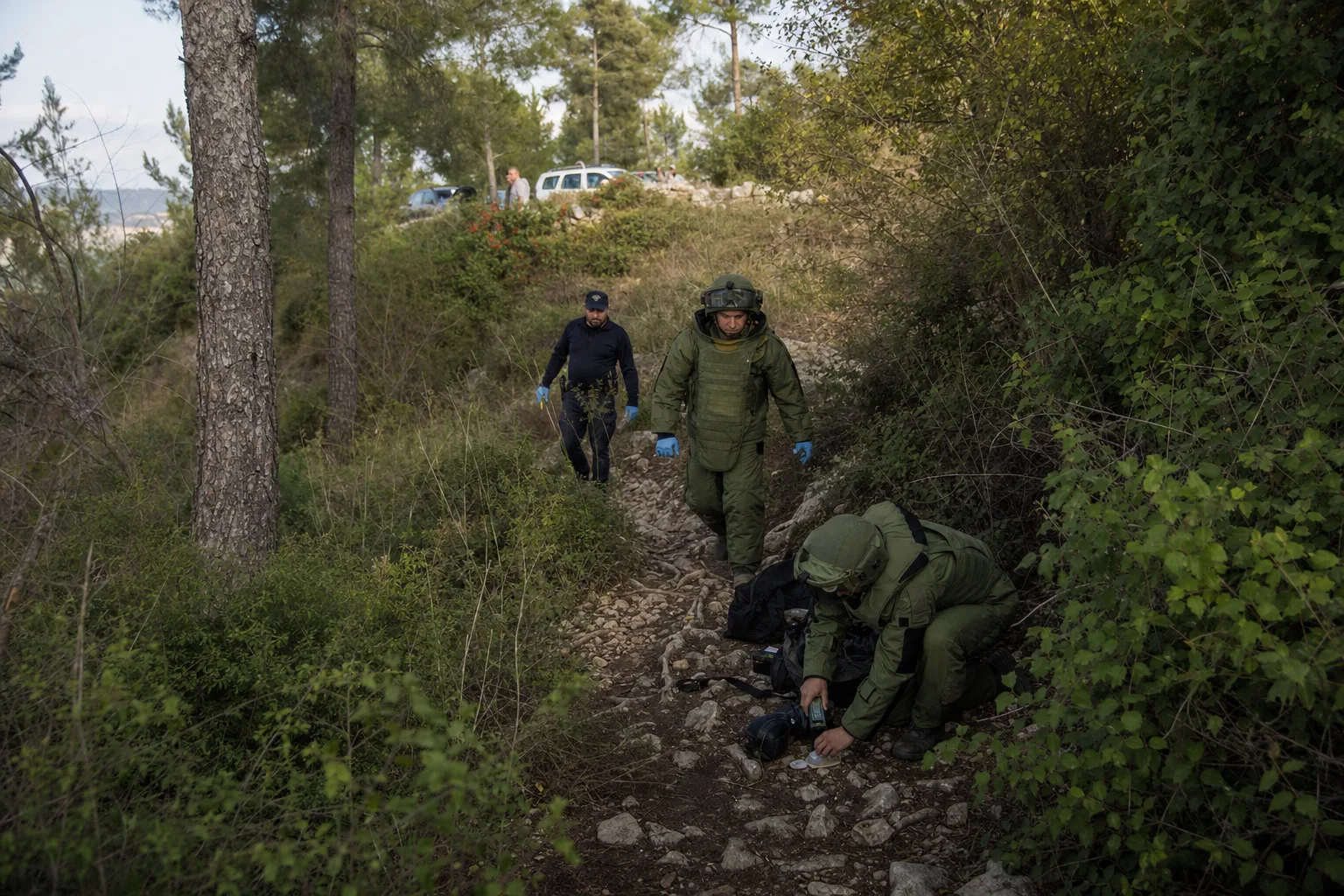 כוחות הצלה וחבלנים פועלים בשביל טיולים מיוער בצפון לאחר פיצוץ נפל.