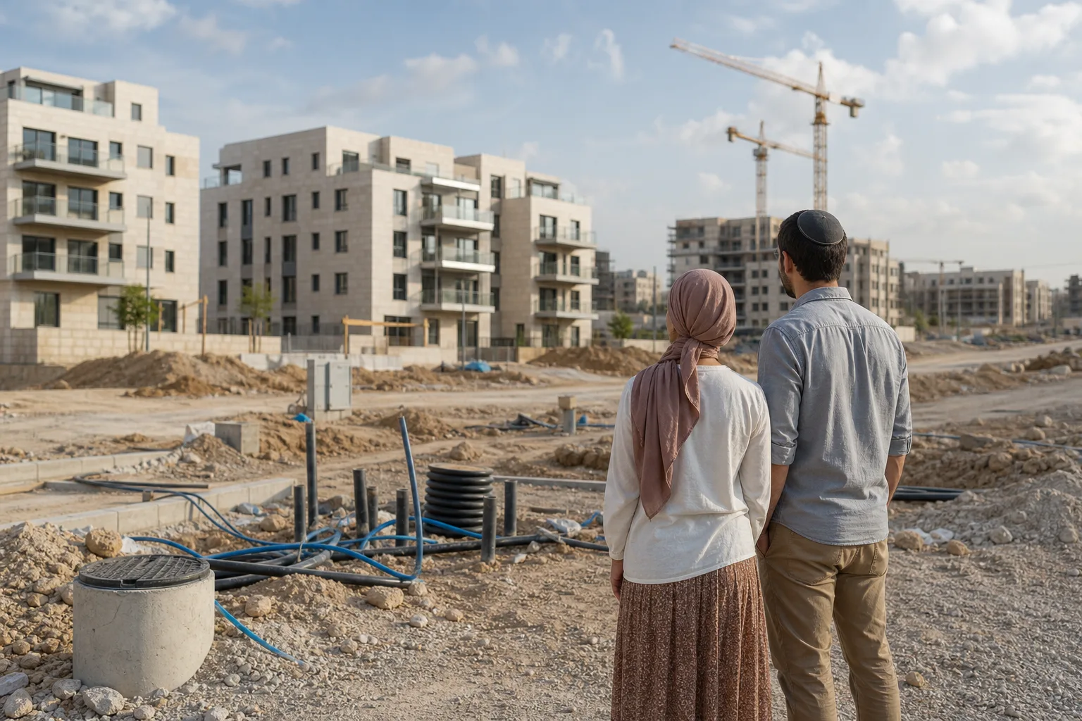 זוג צעיר מביט בשכונת מגורים חדשה הנבנית לצד תשתיות וכבישים שטרם הושלמו.