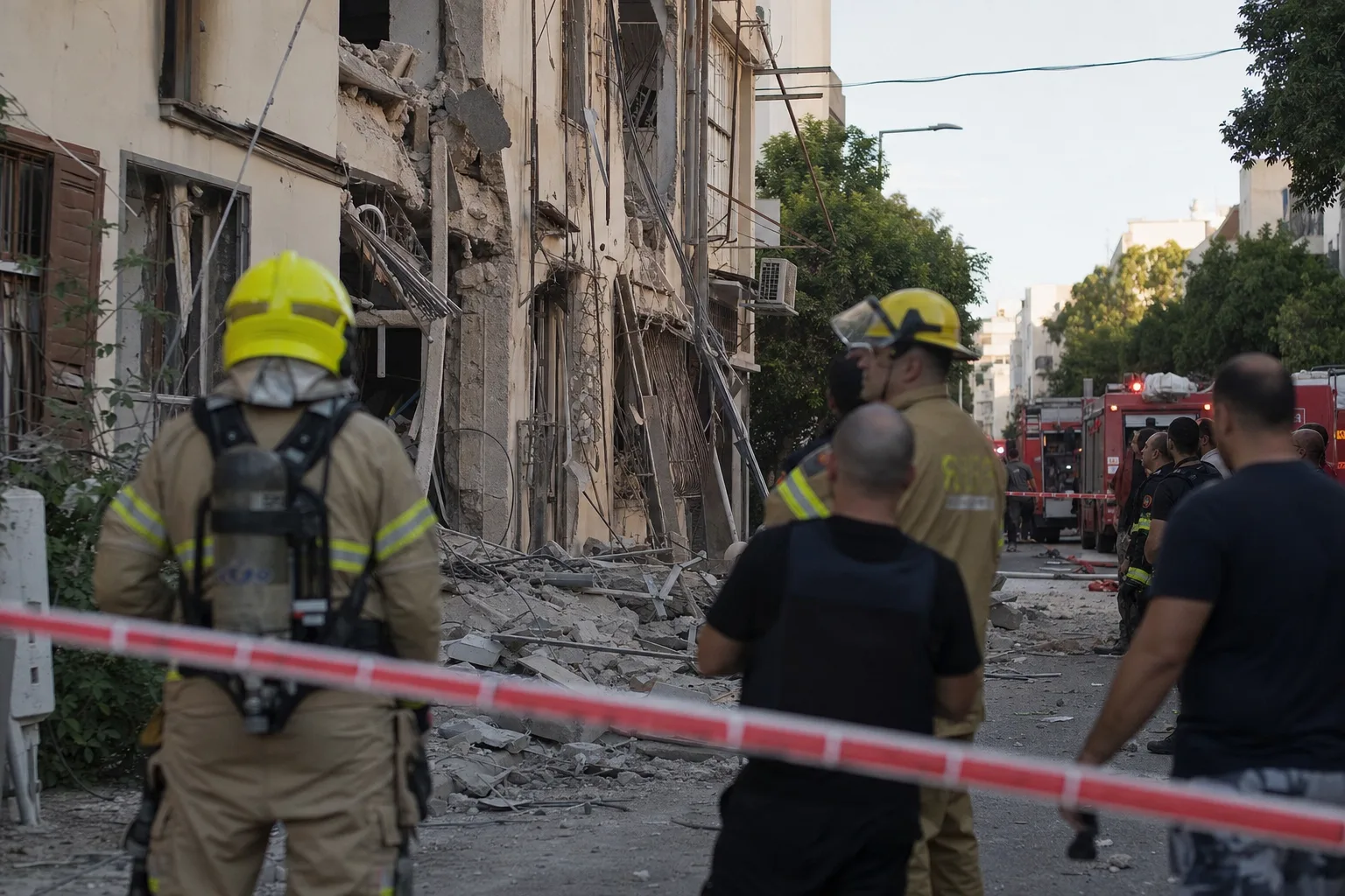 כוחות חירום פועלים סמוך למבנה שקרס ברחוב נחלת בנימין בתל אביב.