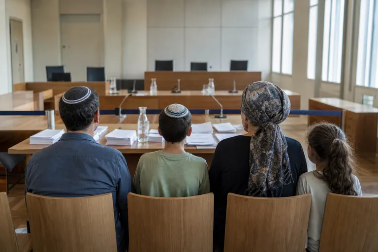 אולם דיונים שקט עם כיסאות, מסמכים ומשפחה היושבת מאחוריו.
